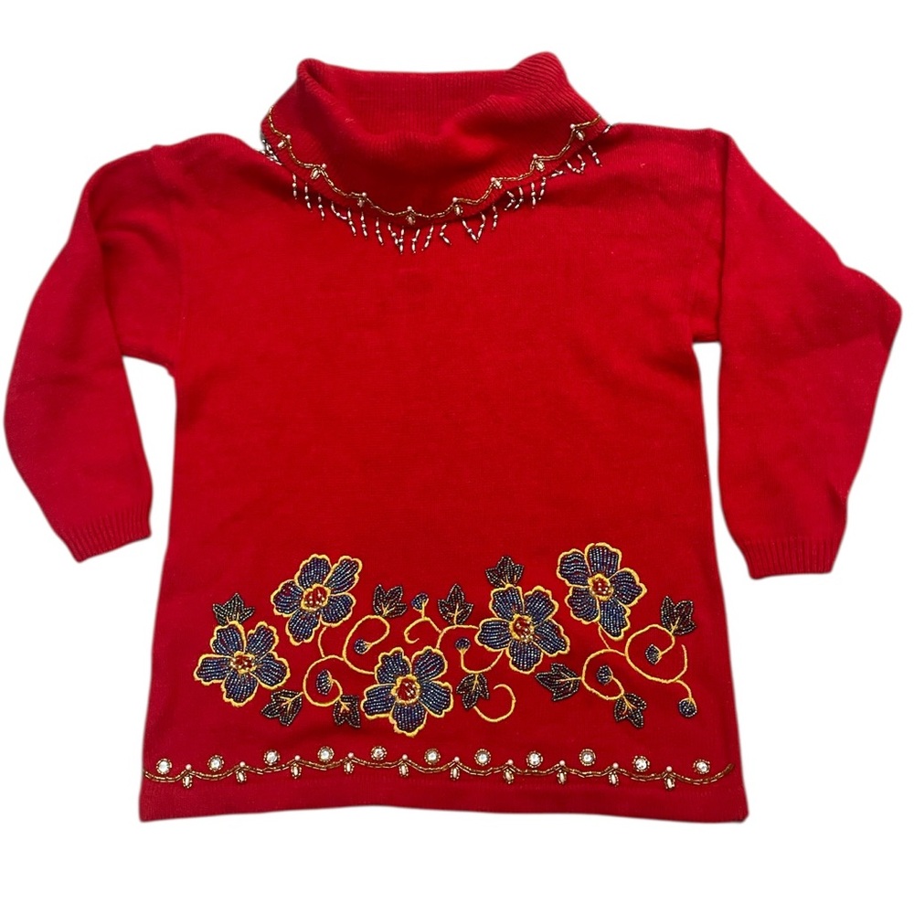 Vintage Studio Collection Beaded Sweater Cowl Neck Embroidered Floral Size Large